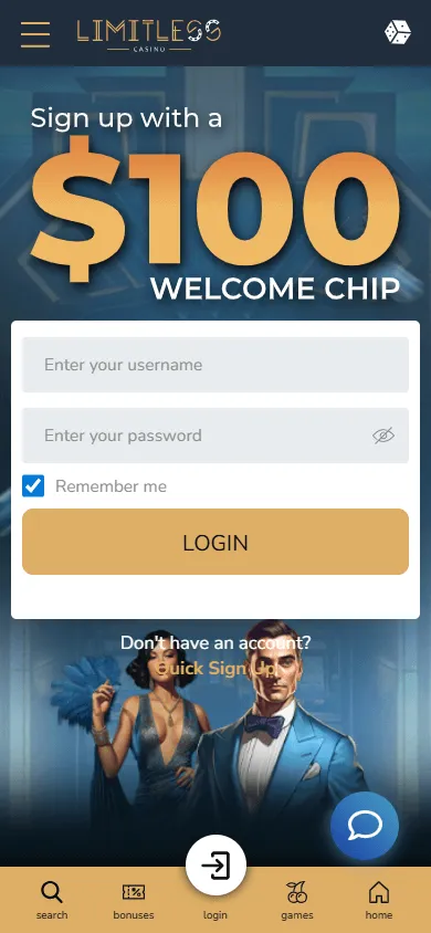 Limitless Casino home on a mobile device