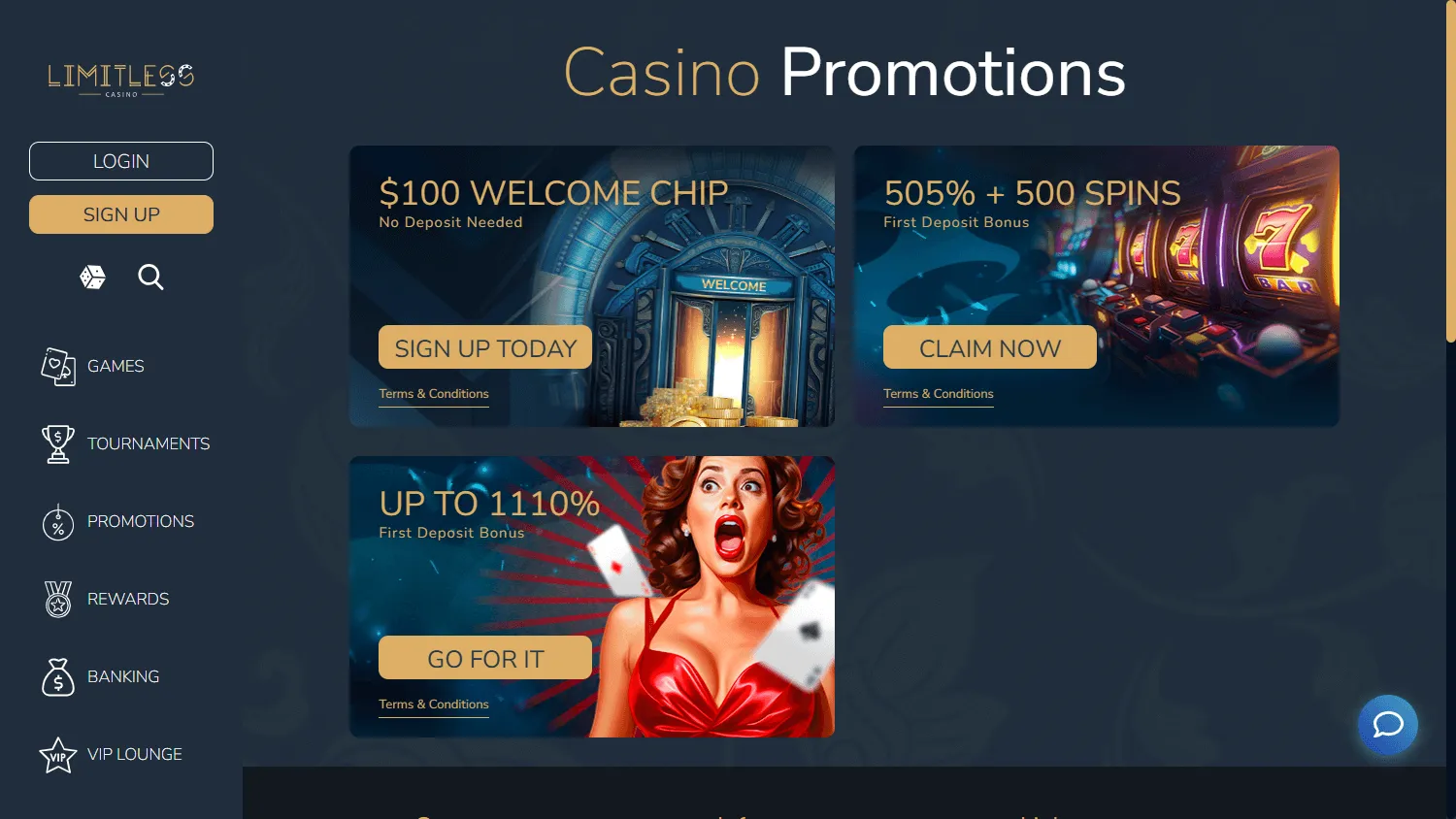 Limitless Casino promotions on desktop